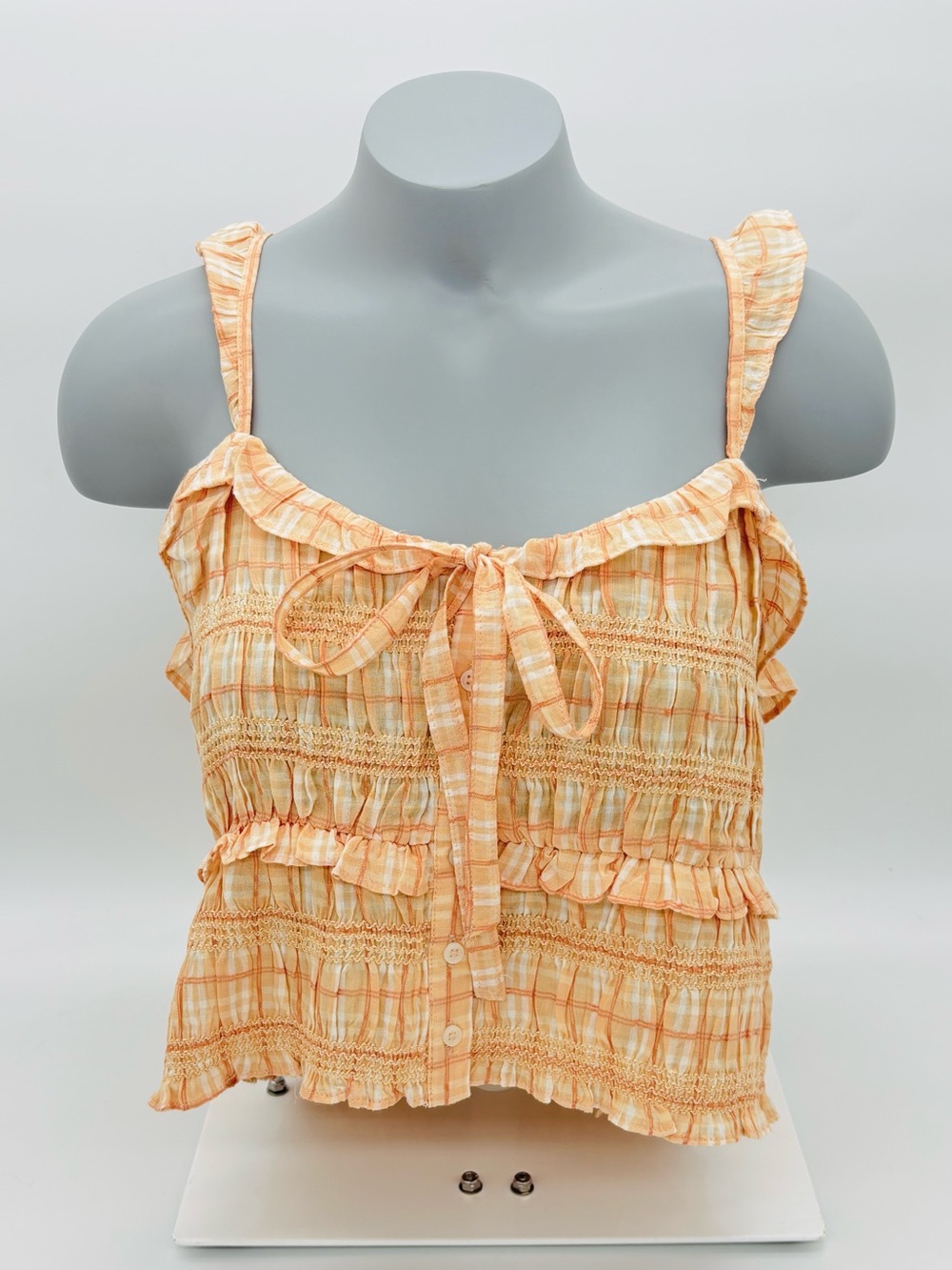 American Eagle Womens Plaid Smocked Crop Tank Top S Peach Ruffle Cottagecore Y2K